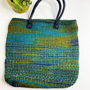 Handwoven Tote Bag Green Blue Leather Handles – Artisan Woven Beach Market
